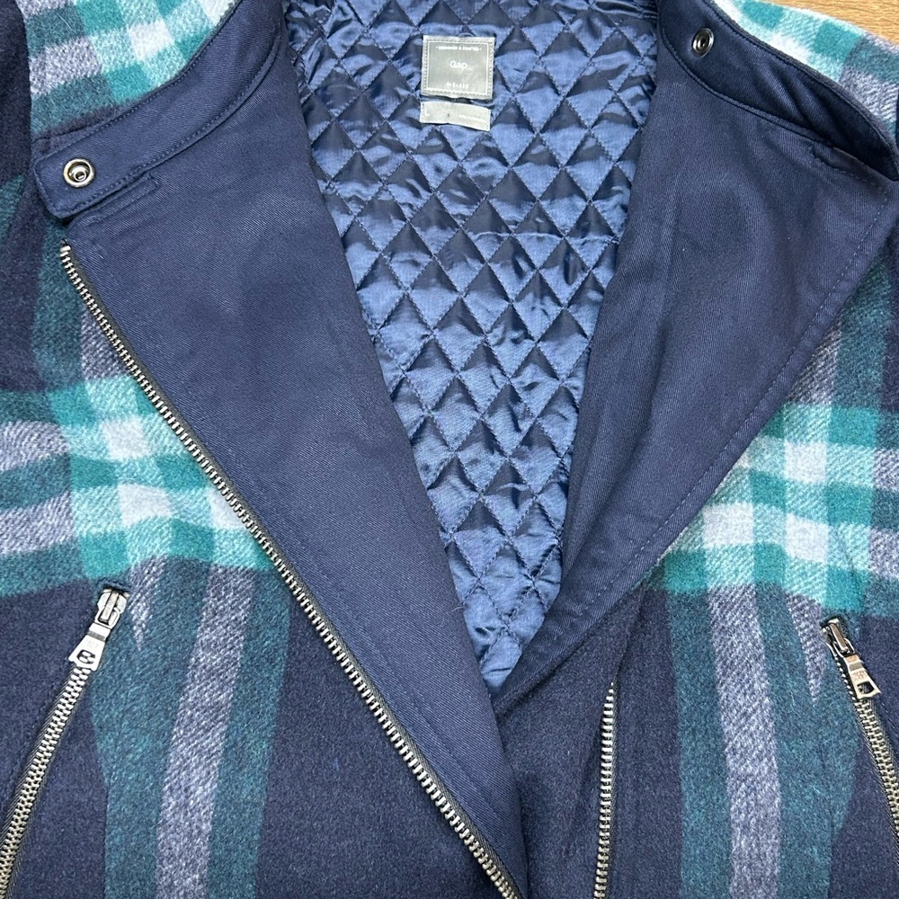 Gap Navy Blue Green Plaid Wool Blend Moto Jacket Quilted Inside Size Large - Picture 9 of 10